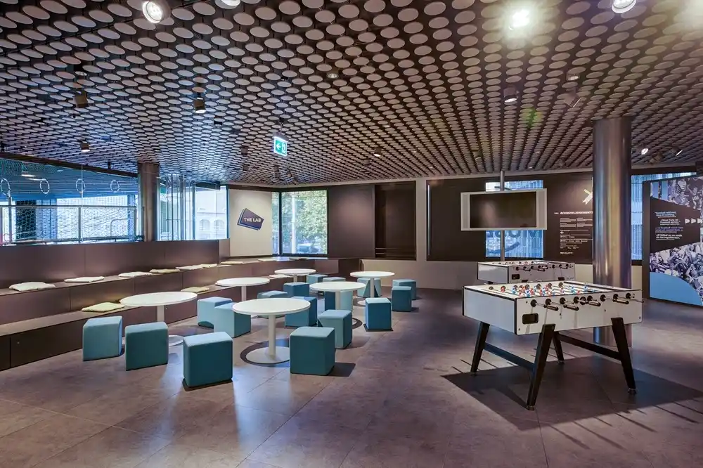 Interactive lounge and gaming area known as ‘The Lab’ inside the FIFA World Football Museum in Zurich.