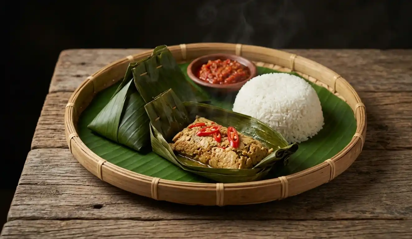 Tum Ayam dalam bungkusan daun pisang dengan nasi dan sambal di atas tampah anyaman.