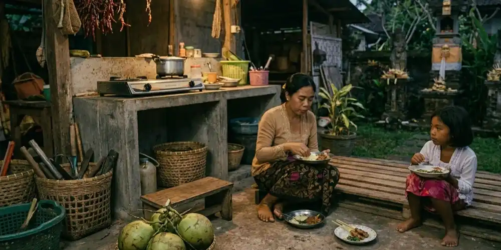 A Balinese woman and child share an evening meal in an open-air family kitchen with hanging chillies, coconuts and a traditional courtyard in the background