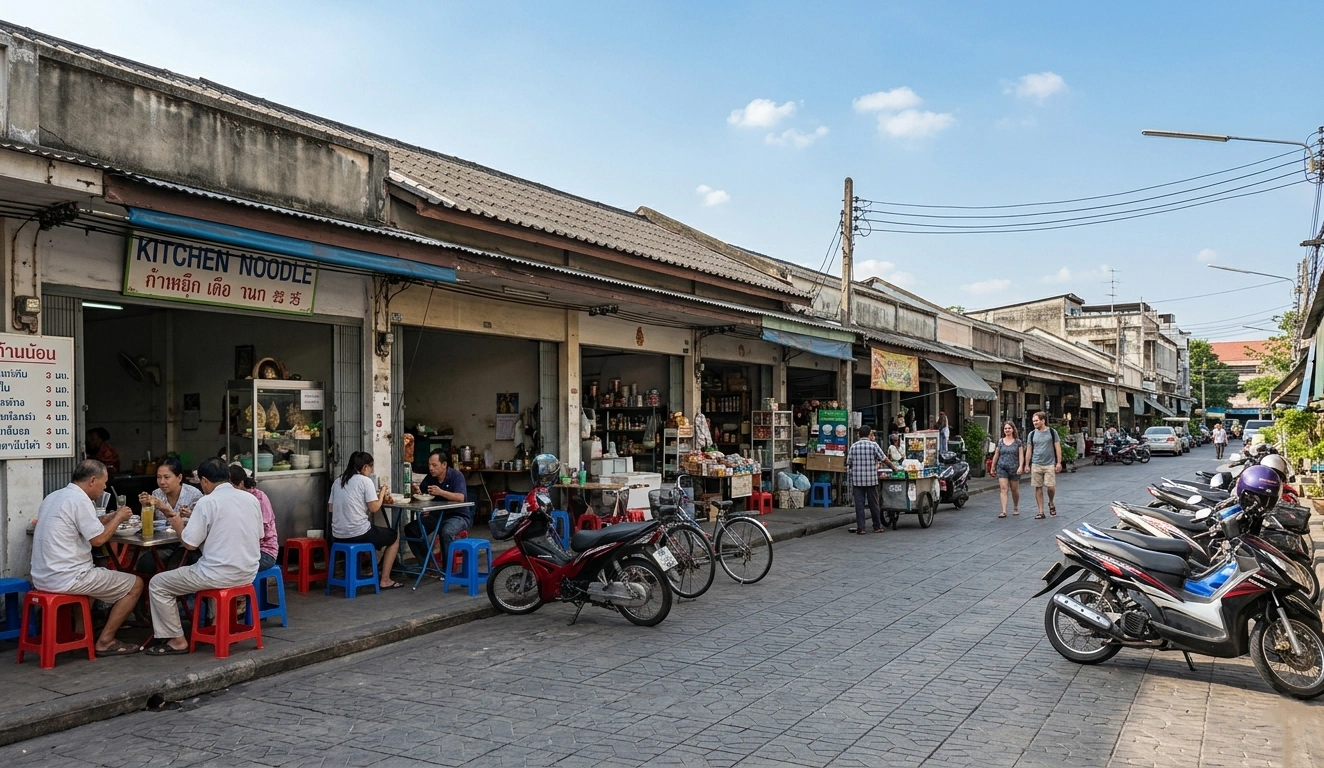Orang-orang makan di tempat makan sederhana di pinggir jalan kota pada siang hari dengan suasana urban yang alami.