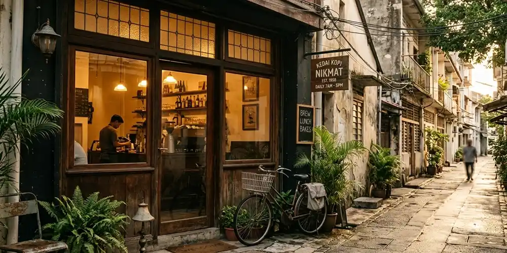 Quiet neighbourhood café with warm interior lighting on a calm urban side street during early morning.