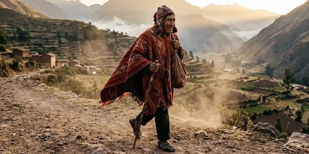 Andean man wearing a traditional poncho walking in early morning light in Sacred Valley.