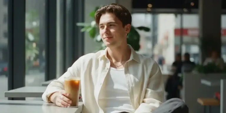Gen Z man holding iced coffee in a modern café during the day.