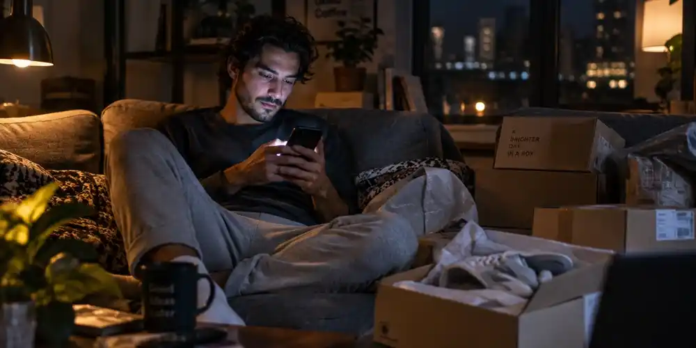 A man sits on a sofa at night scrolling on his smartphone, surrounded by online shopping parcels and an open shoebox.