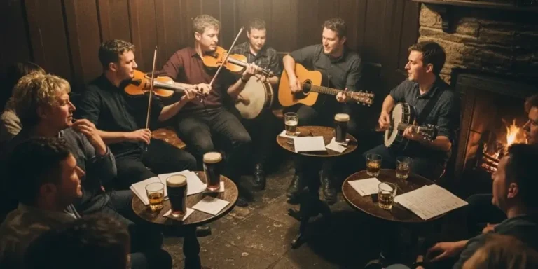 Musicians play Irish traditional music in a warm, inviting Dublin pub.