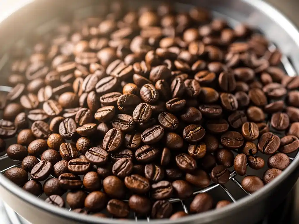 Close-up biji kopi yang sudah dipanggang dengan warna merata.