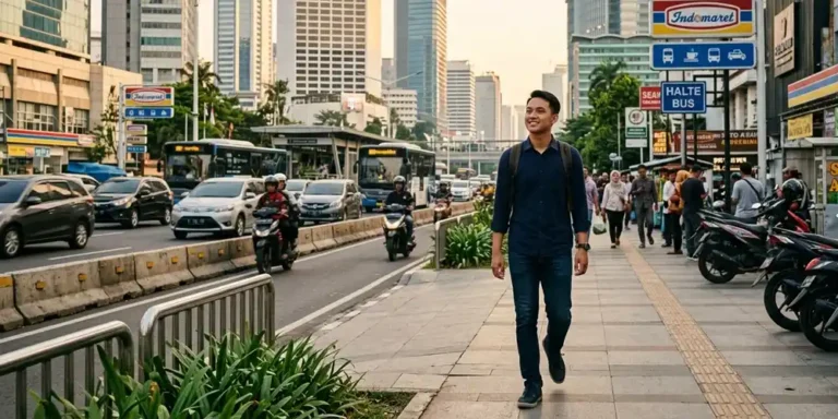 Pria berjalan di jalan kota dengan pakaian sederhana dan rapi.