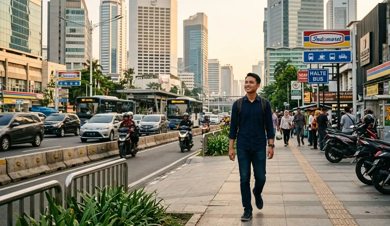Pria berjalan di jalan kota dengan pakaian sederhana dan rapi.
