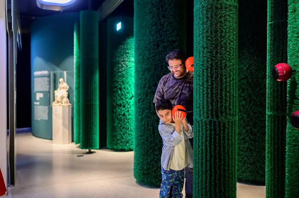 Sleeping Beauty hedge installation at GRIMMWELT Kassel with visitors exploring forest maze Germany.
