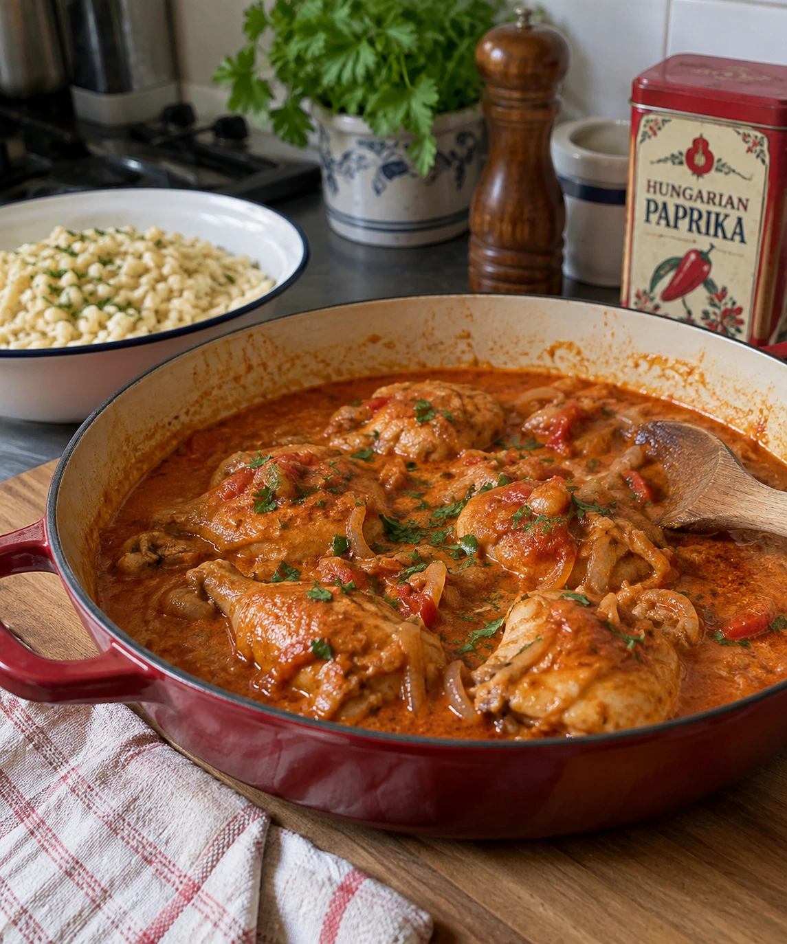 Hungarian chicken paprikash with sweet paprika, onions and sour cream served in a pan in a home kitchen.