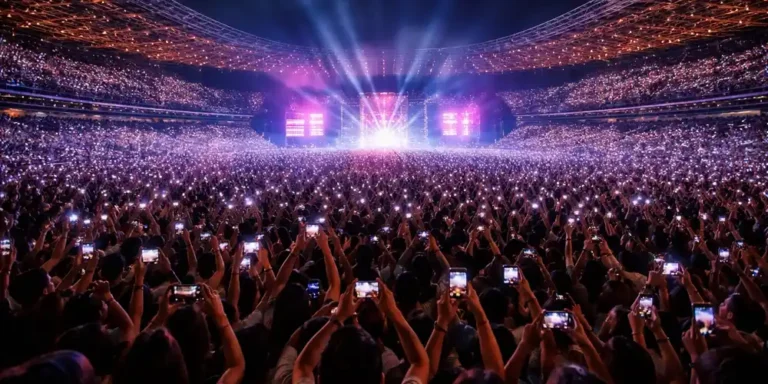 Concert crowd in a packed stadium with thousands of fans holding up phones at night.