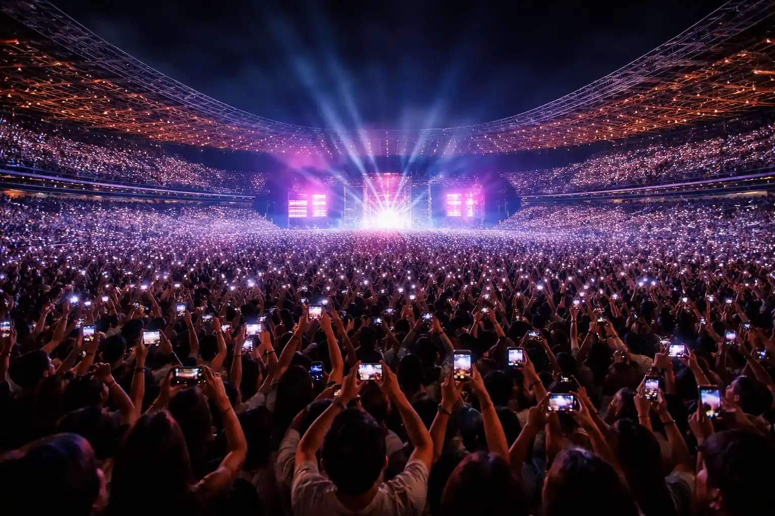 Concert crowd in a packed stadium with thousands of fans holding up phones at night.