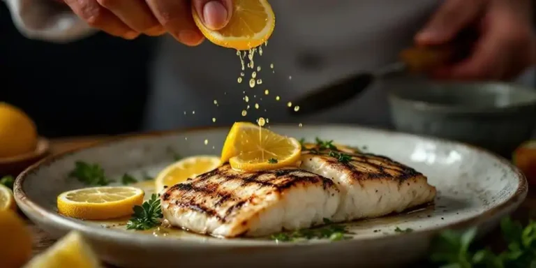Chef squeezing lemon juice over grilled fish.