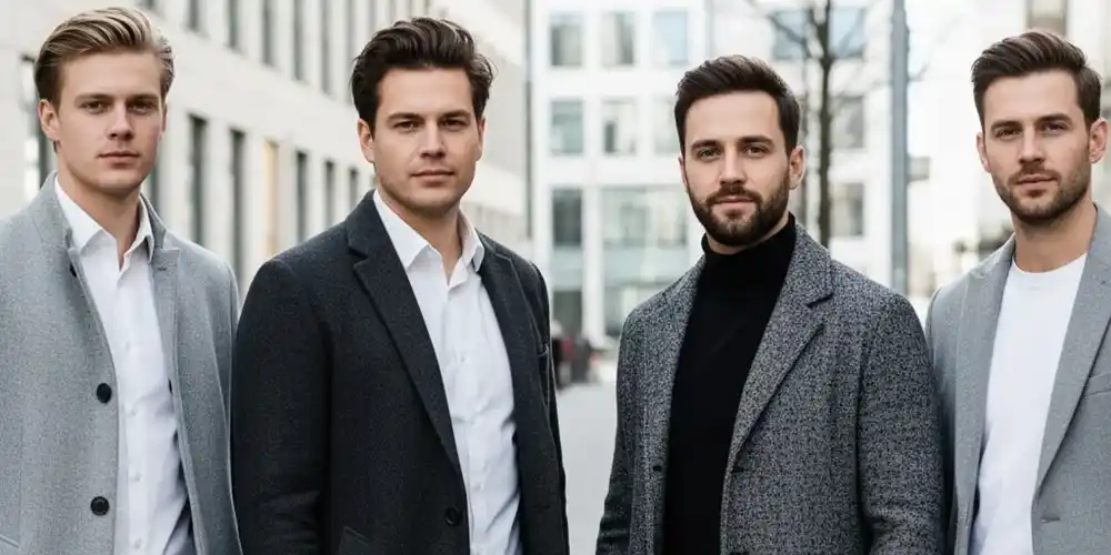 Four men in minimalist Scandinavian fashion standing together in daylight.