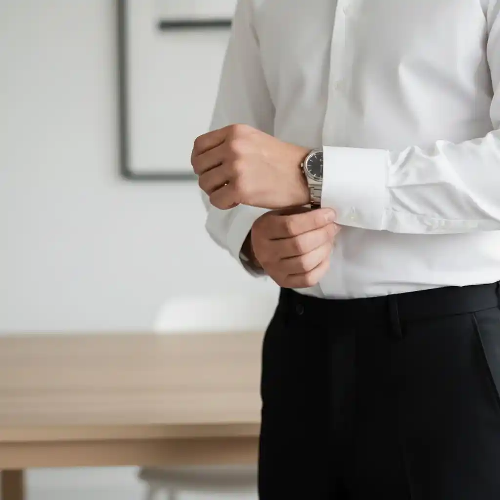 Man adjusting cuff of a white shirt in minimalist fashion.