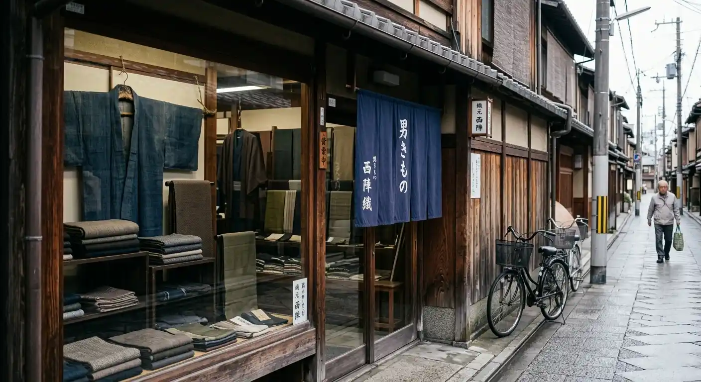Men’s kimono displayed in traditional shop in Kyoto Nishijin district.