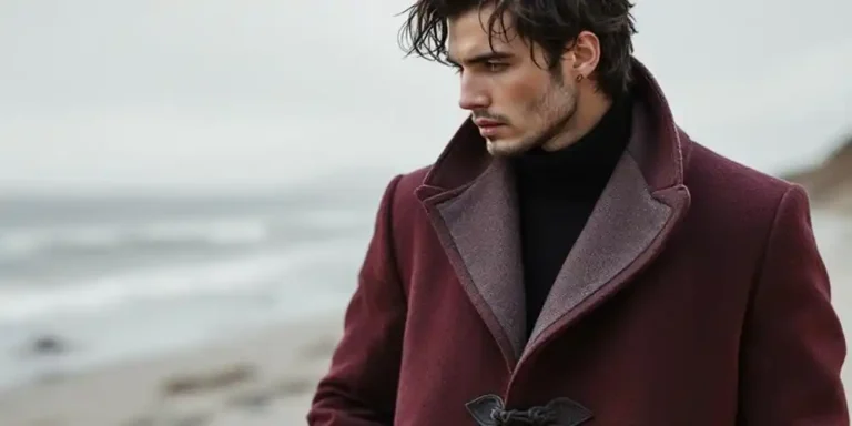 Close-up of a modern menswear jacket with pankou knot fastening and textured fabric.