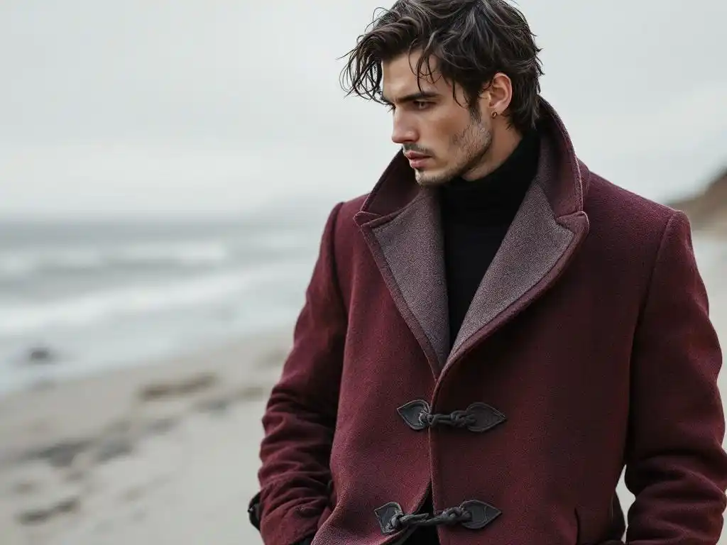 Close-up of a modern menswear jacket with pankou knot fastening and textured fabric.