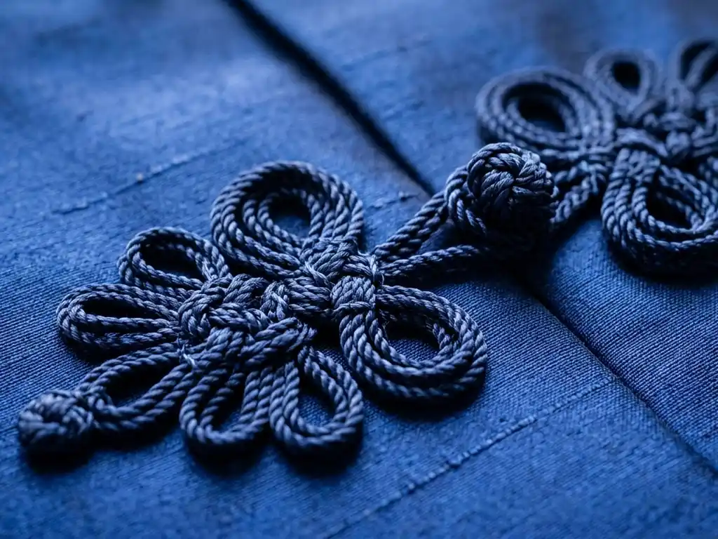 Macro detail of handcrafted pankou knots on silk fabric.
