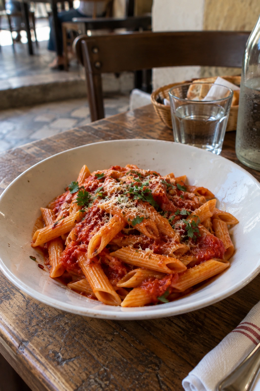 Penne all’arrabbiata with spicy tomato sauce, grated cheese and parsley served at a rustic Italian restaurant table.