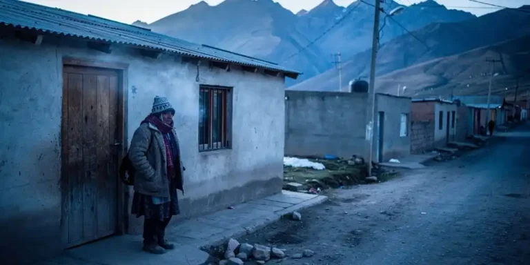 Woman standing outside a modest home in Puno at dawn with visible breath in cold high-altitude air.