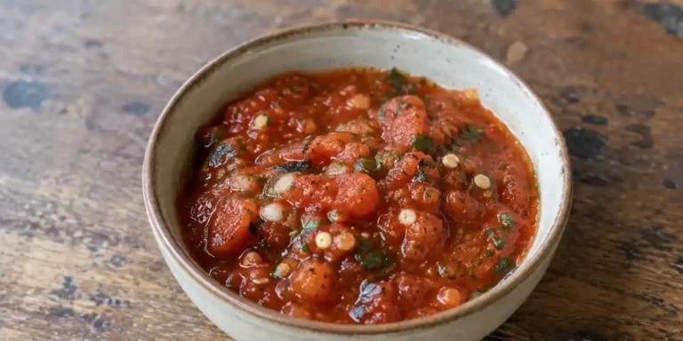 A small ceramic bowl filled with chunky red salsa roja, showing tomatoes, chilli, herbs and charred ingredients on a rustic wooden table.