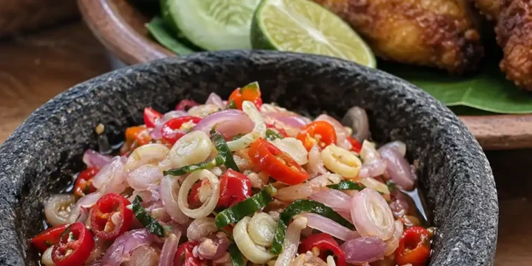 Close-up of fresh Sambal Matah in a stone bowl, with crispy fried chicken, cucumber, lime and rice in the background.