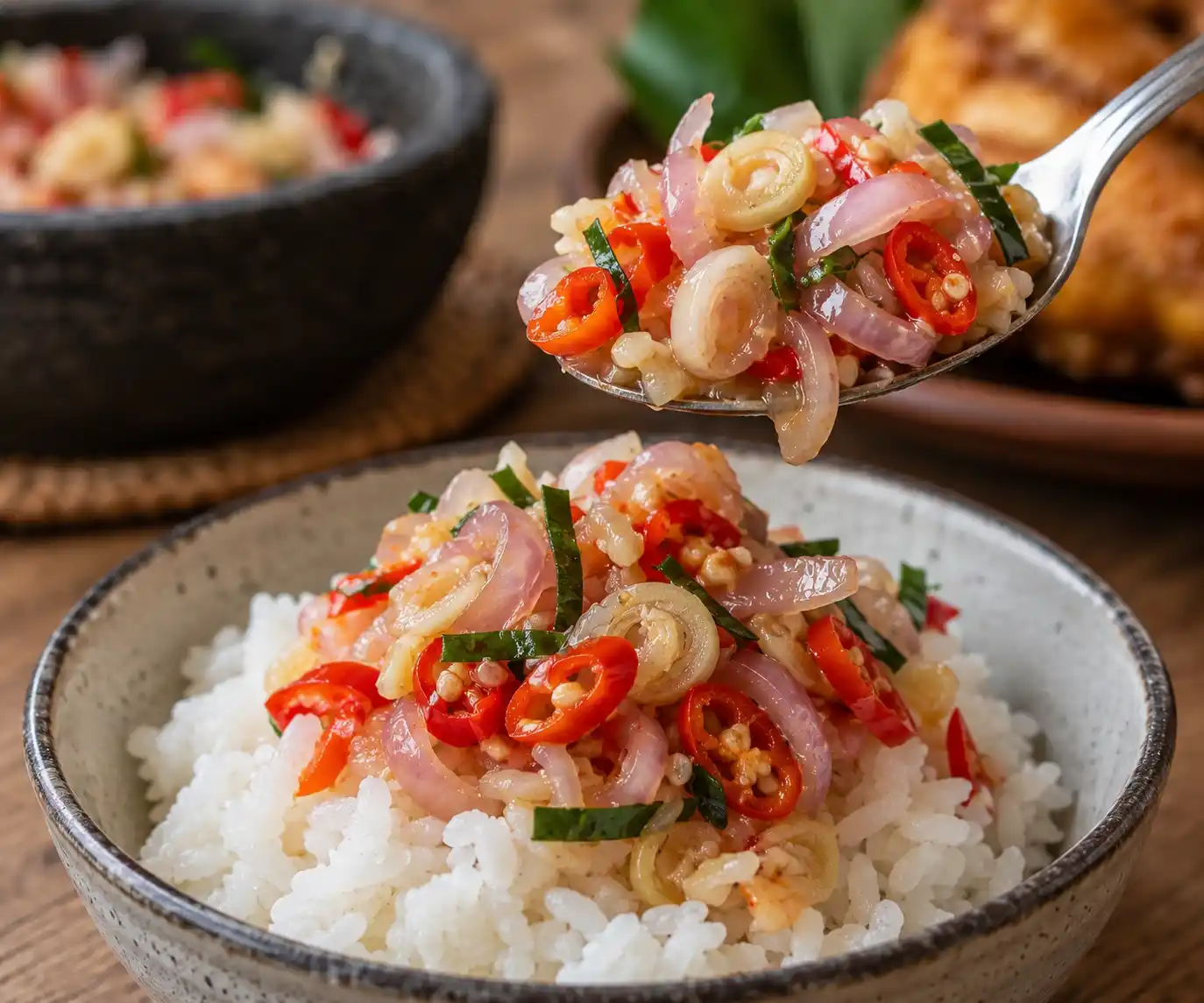 Sesendok Sambal Matah diletakkan di atas nasi putih hangat, dengan bawang merah, cabe, serai dan daun jeruk purut.