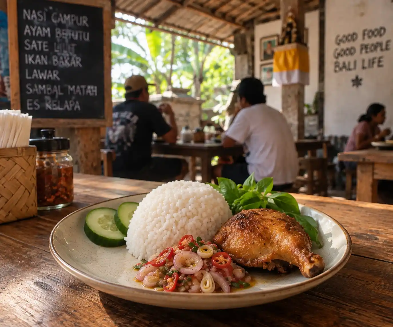 Hidangan khas warung Bali dengan nasi putih, ayam goreng, sayuran, mentimun dan Sambal Matah.