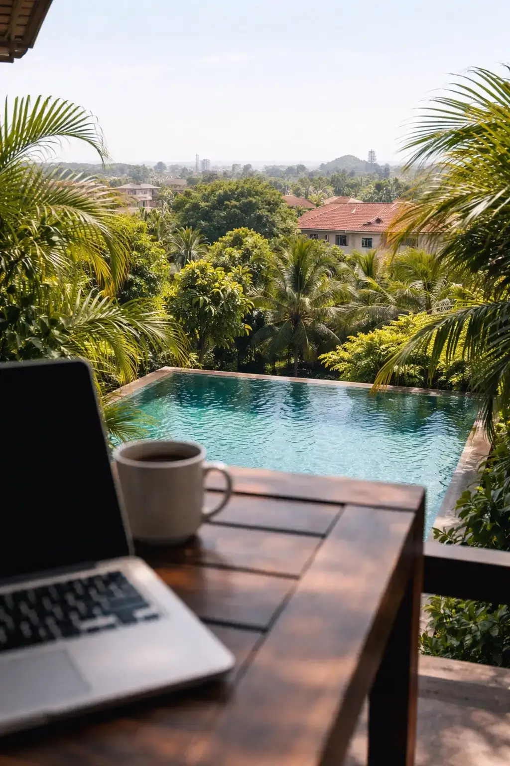 View from a terrace workspace with a laptop edge, pool below, greenery and distant buildings in warm daylight.