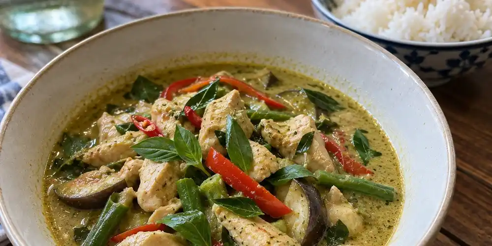 Bowl of Thai green chicken curry with aubergine, green beans, red pepper and fresh basil, served with jasmine rice.
