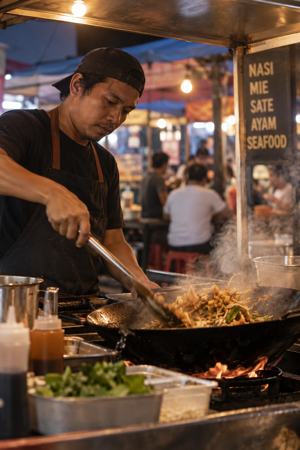 Penjual makanan jalanan memasak mi dalam wajan panas di pasar malam Asia Tenggara yang ramai.
