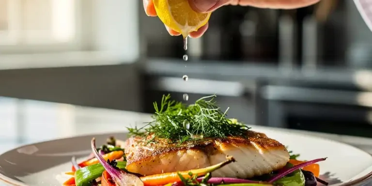 Chef squeezing fresh lemon juice over a plated dish to enhance flavour and balance.