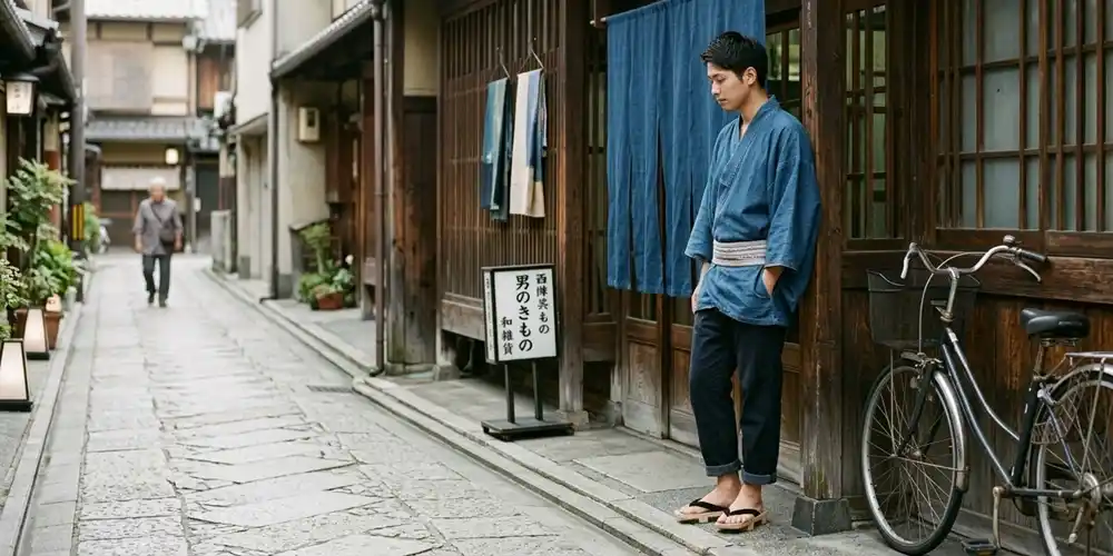 Young Japanese man in kimono near traditional shops in Kyoto.