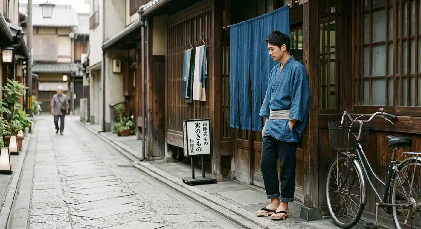 Young Japanese man in kimono near traditional shops in Kyoto.