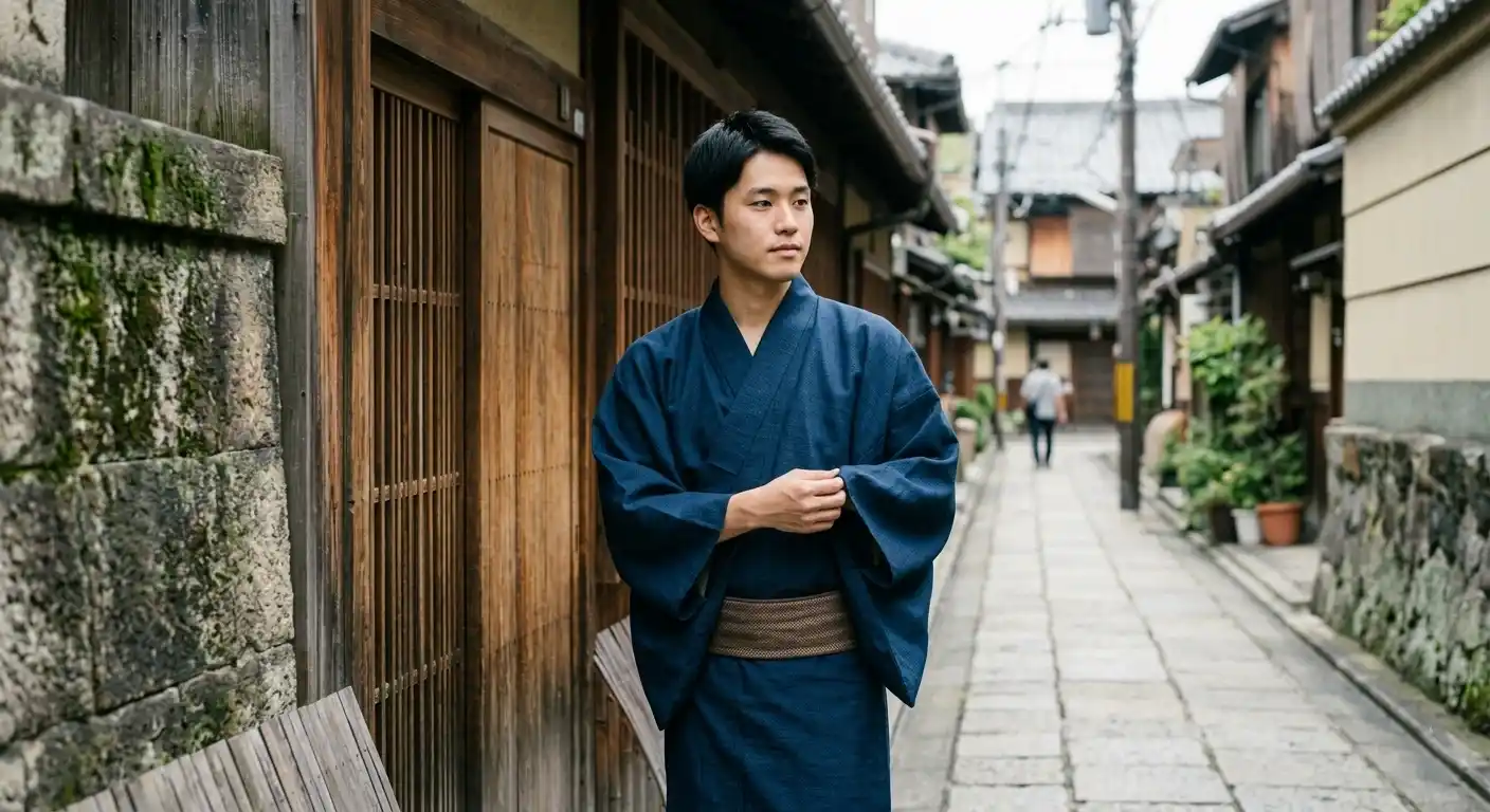 Young Japanese man wearing traditional kimono in Kyoto.